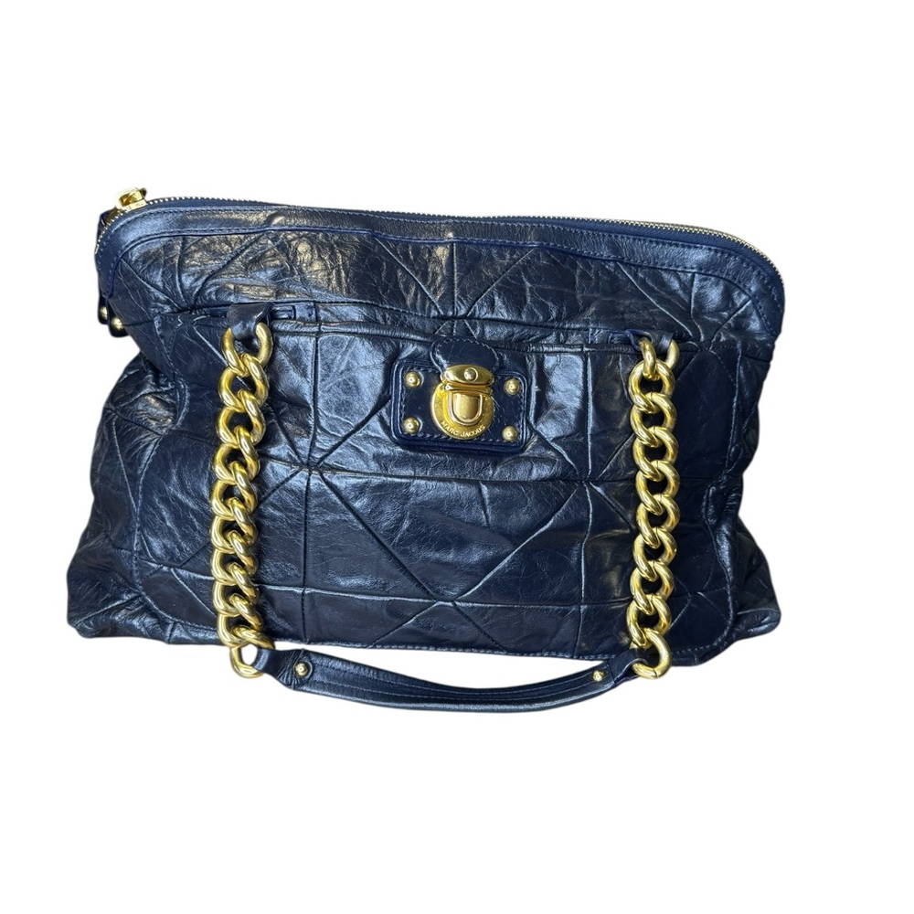 👜‎ Marc Jacobs Patchwork ‘Gennifer’ Navy Leather Chain Shoulder Bag XL Tote 👜 - Picture 2 of 16